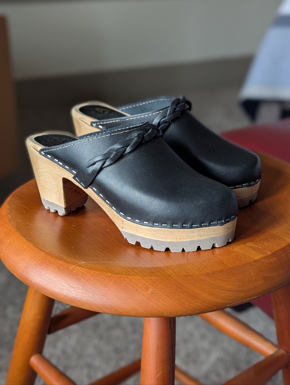 MIA Black Leather Braided Mule Clogs with Wooden Heel